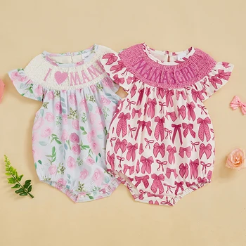 Adorable Baby Girls Rompers with Cute Bow Detailing and Floral Print Round Neckline and Fly Sleeves Perfect Infant Bodysuits