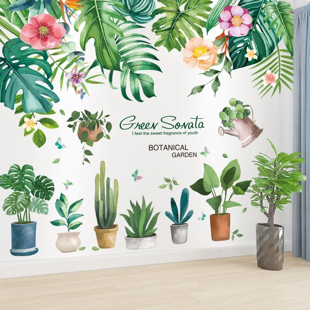 Autocollants Muraux Plantes en Pot Feuilles d'Arbre Tropical, Stickers  Muraux pour Chambre d'Enfants, Salon