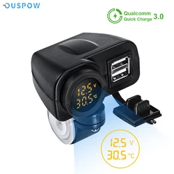 Ouspow Motorcycle Charger 12V 36W QC3.0 Digital Display Dual USB Phone Fast Charger Voltmeter Thermometer Phone Charger Socket
