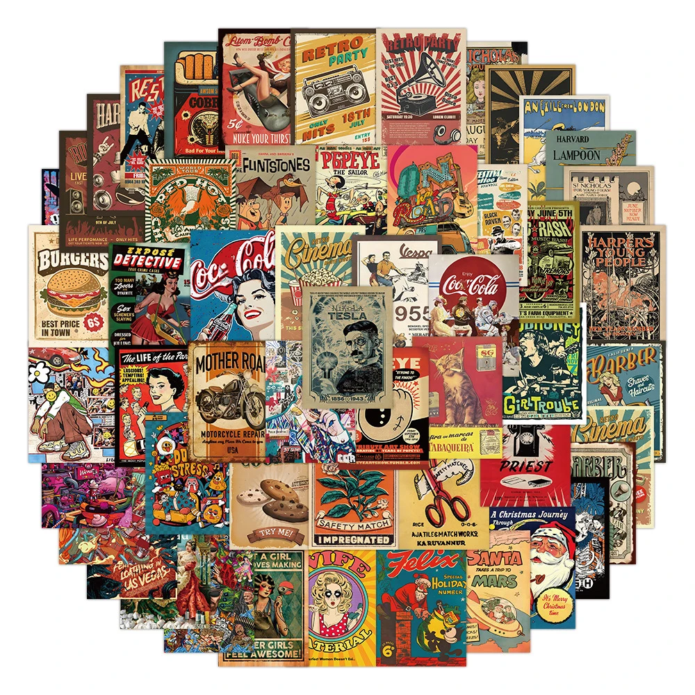 Retro American Style Vintage Cartoon Sticker Pack - DIY Laptop, Luggage, Skateboard Graffiti Decals, Fun Gift