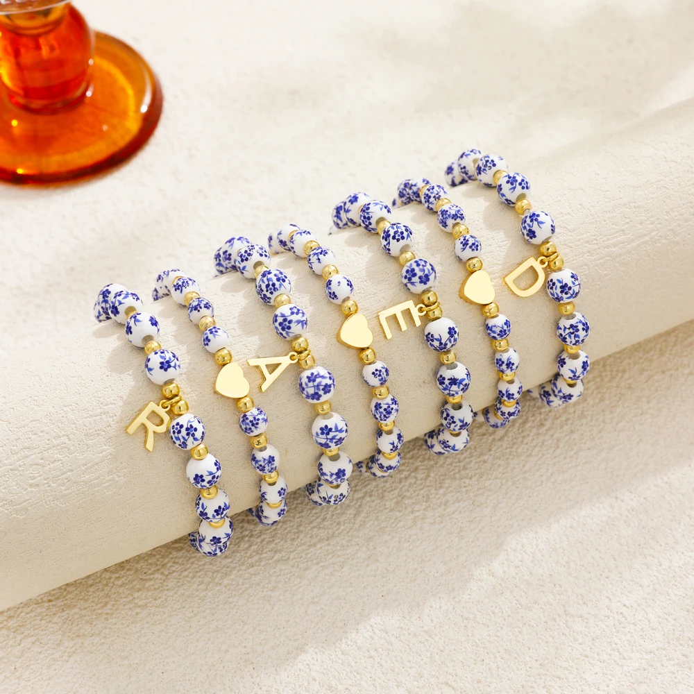 2 Pcs/set Handmade Beads Blue and White Porcelain Letter Bracelet Elastic Rope Initial Alphabet Bangle Birthday Gifts Jewelry