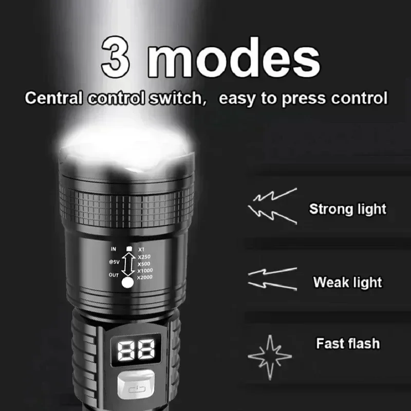 전술 LED 손전등 2000LM, USB 충전식 줌 토치, 캠핑 하이킹 야외용 강력하고 밝은 휴대용 비상등