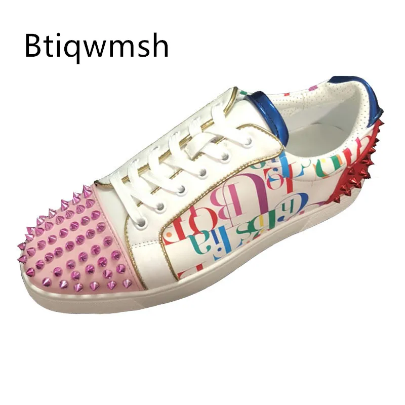 

Pink Rivet Studded Sneakers Woman Pointed Toe Mixed Color Leather Lace Up Flats FeMale Fashion Loafer Shoes