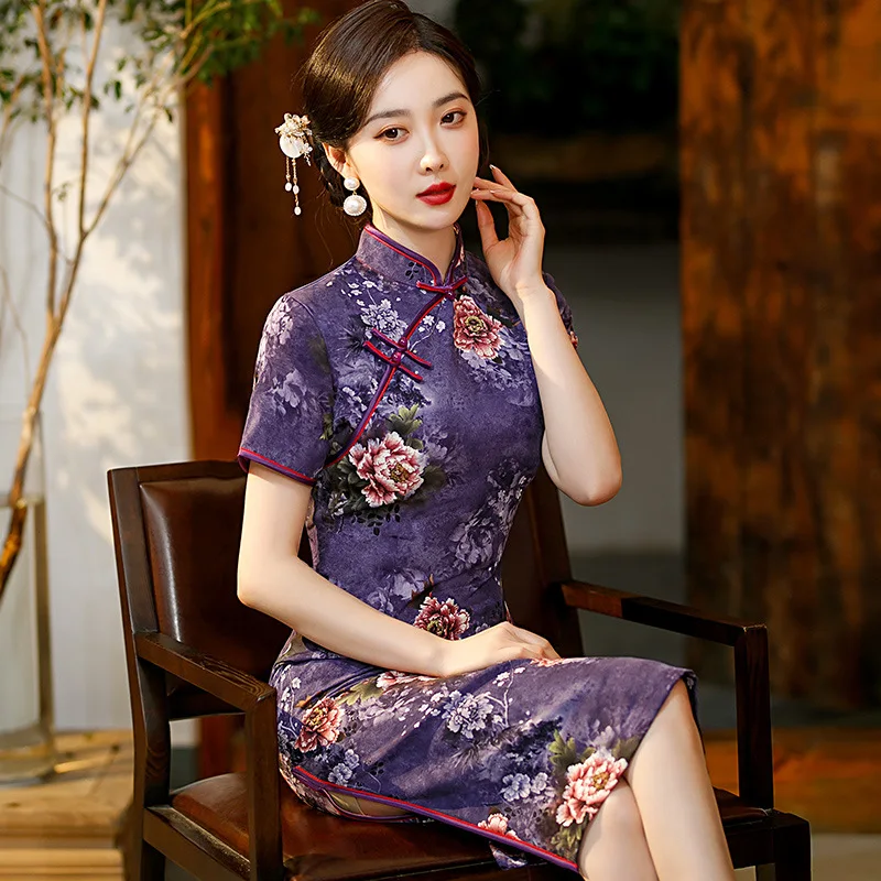

2022 Autumn New Mid-length Slit Purple Cheongsam Personalized Flower Peony Modified Chinese Style Qipao Evening Dress for Women