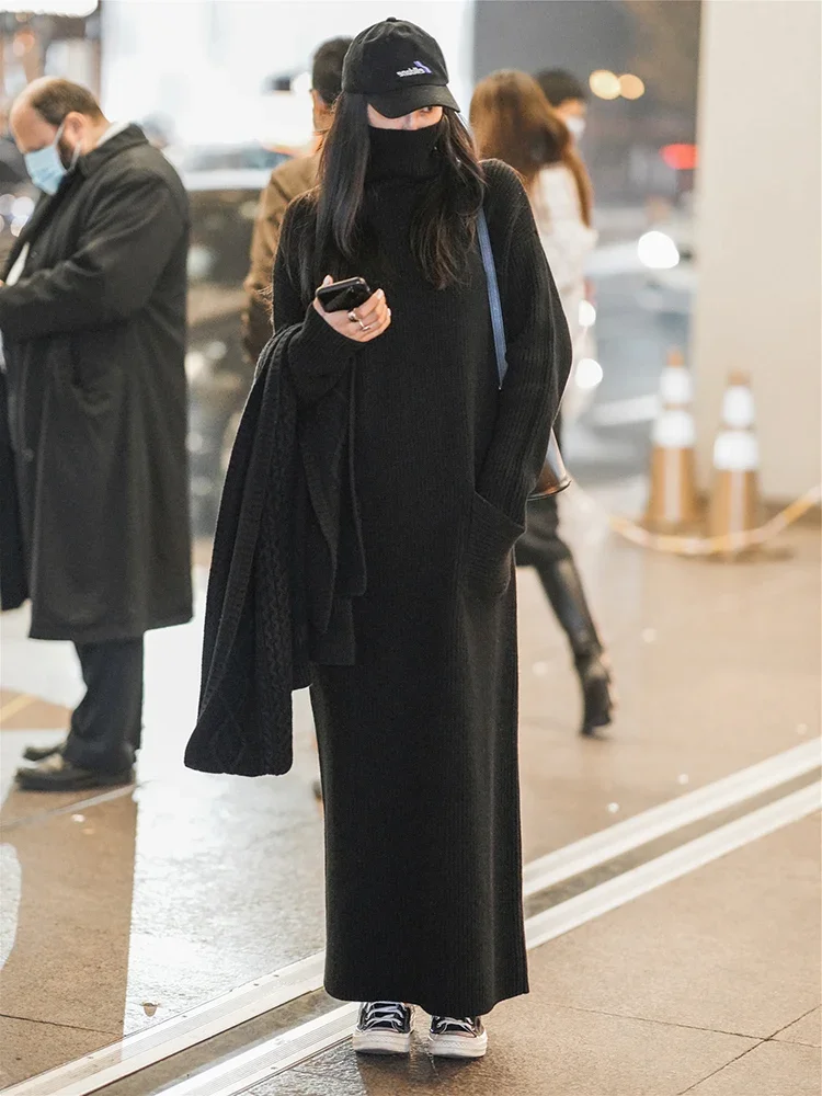 

Autumn and winter loose dress sweater black turtleneck baseshirt underneath extra-long thick knitted maxi skirt