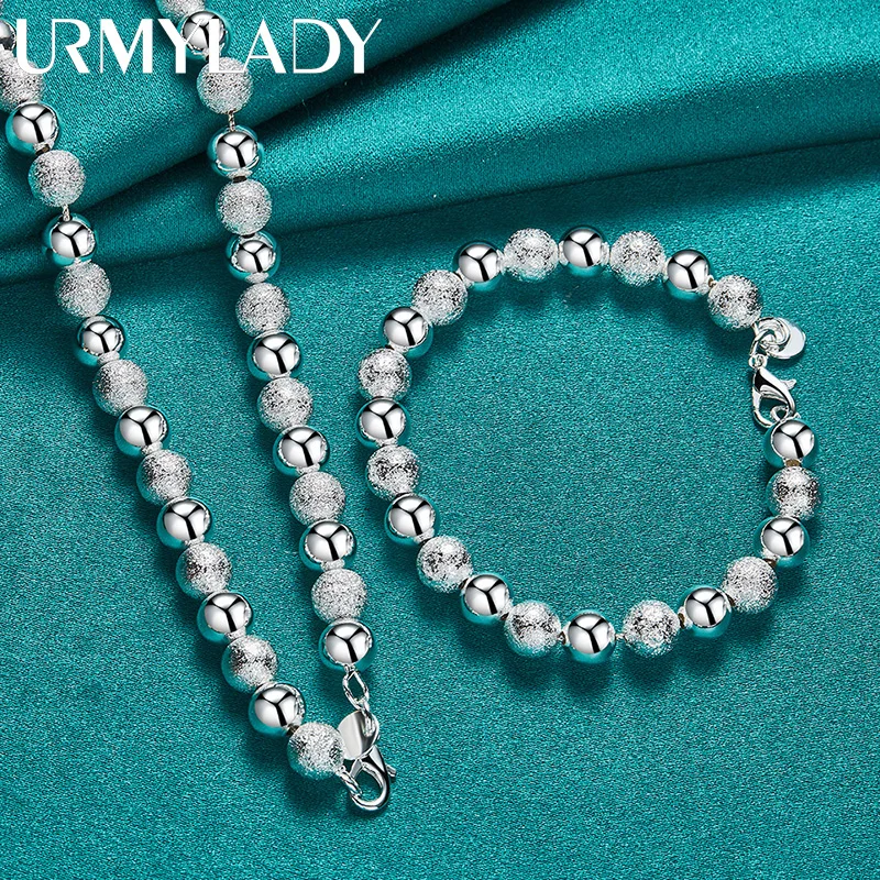 URMYLADY 925 Sterling Silver Smooth Matte Bead Chain Bracelet Necklace Jewelry Set For Women Wedding Party Fashion Charm Gift