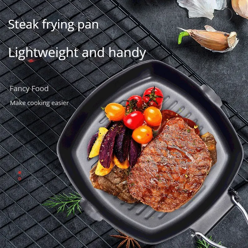 Frying Pan Foldable Portable Frying Pan Picnic Grill Pan Anti-scald Wooden Handle Outdoor Grill Double Mouth Steak Pan(No Lid)