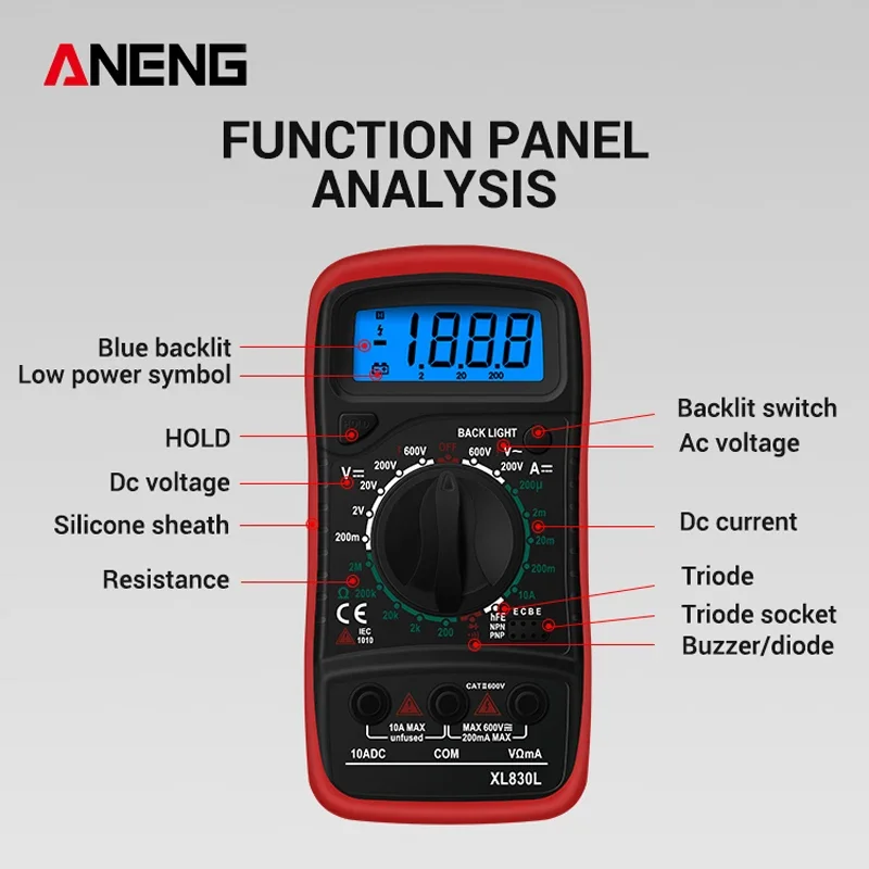 Handheld Digital Multimeter LCD Backlight Portable AC/DC Ammeter Voltmeter Ohm Voltage Tester Meter Multimetro ANENG XL830L
