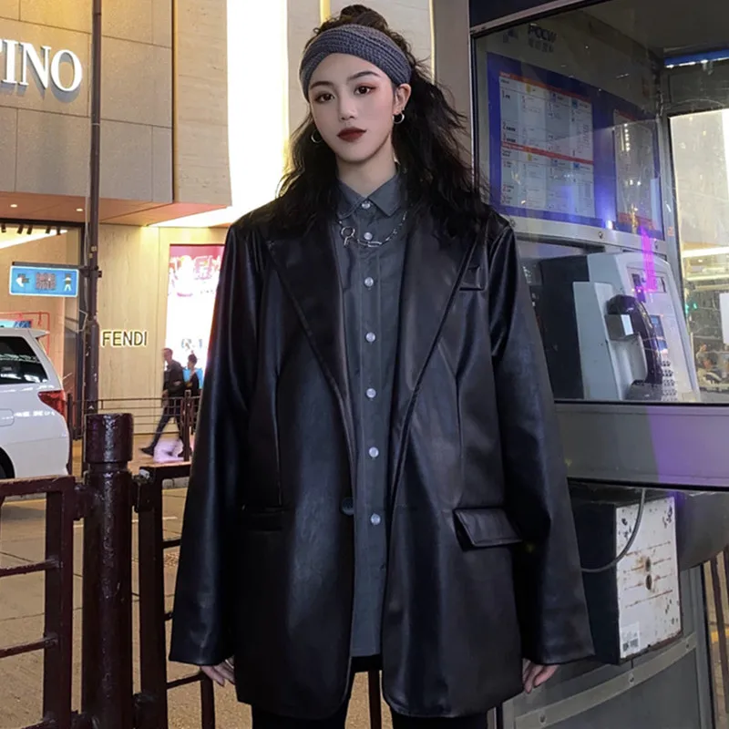 Korean Black Brown Leather Moto Jacket Vintage Warm Female Loose Long Sleeve Suit Blazers Fashion Streetwear Womens Coat 2024