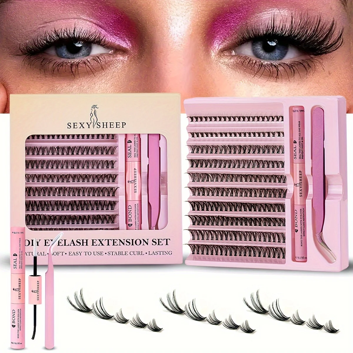 DIY Lash Extension Kit Cluster Eyelash tweezers Lash Bond Seal Glue Applicator Makeup Tool 200 pcs