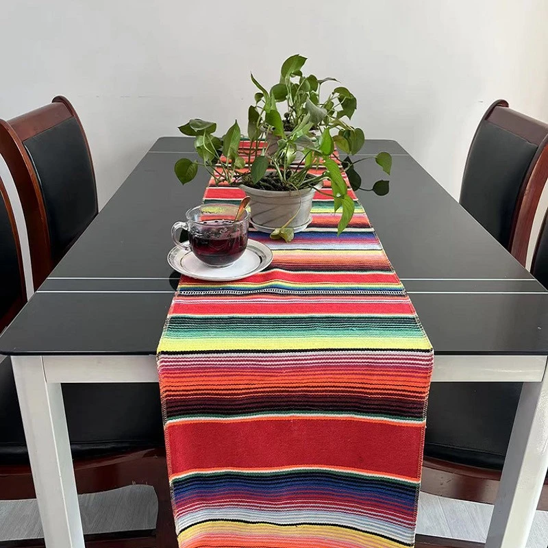 Mexican Style Table Runner with Tassels Handmade Rainbow Striped