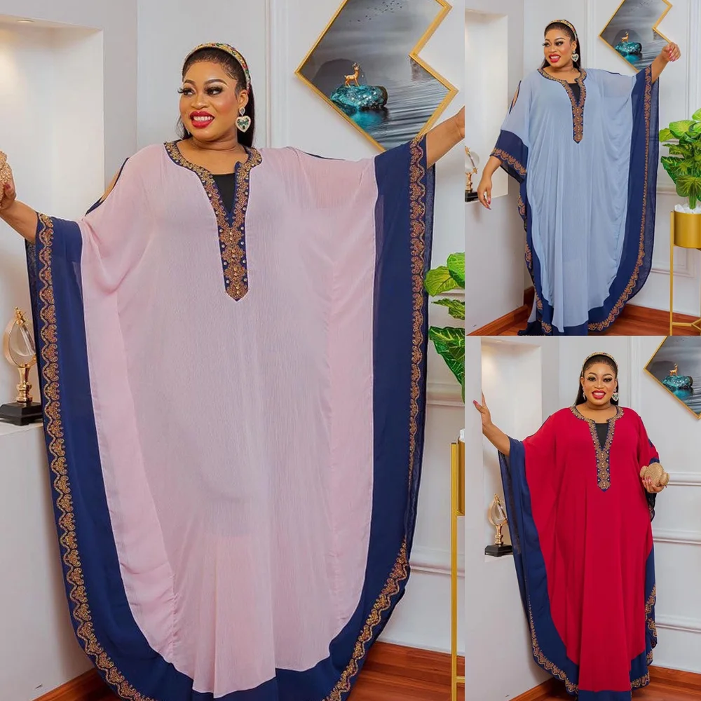 

African Women Dress Plus Size Diamonds Chiffon Dashiki Robe For Nigerian Ankara Bride Wedding Dress Clothing With Inner Dress