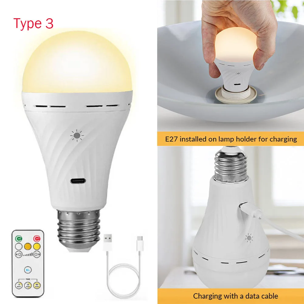 8W LED Light Bulb with Remote Home Power Failure Outage Emergency 2600mAh/2200mAh  Battery Warm White Light USB C Rechargeable