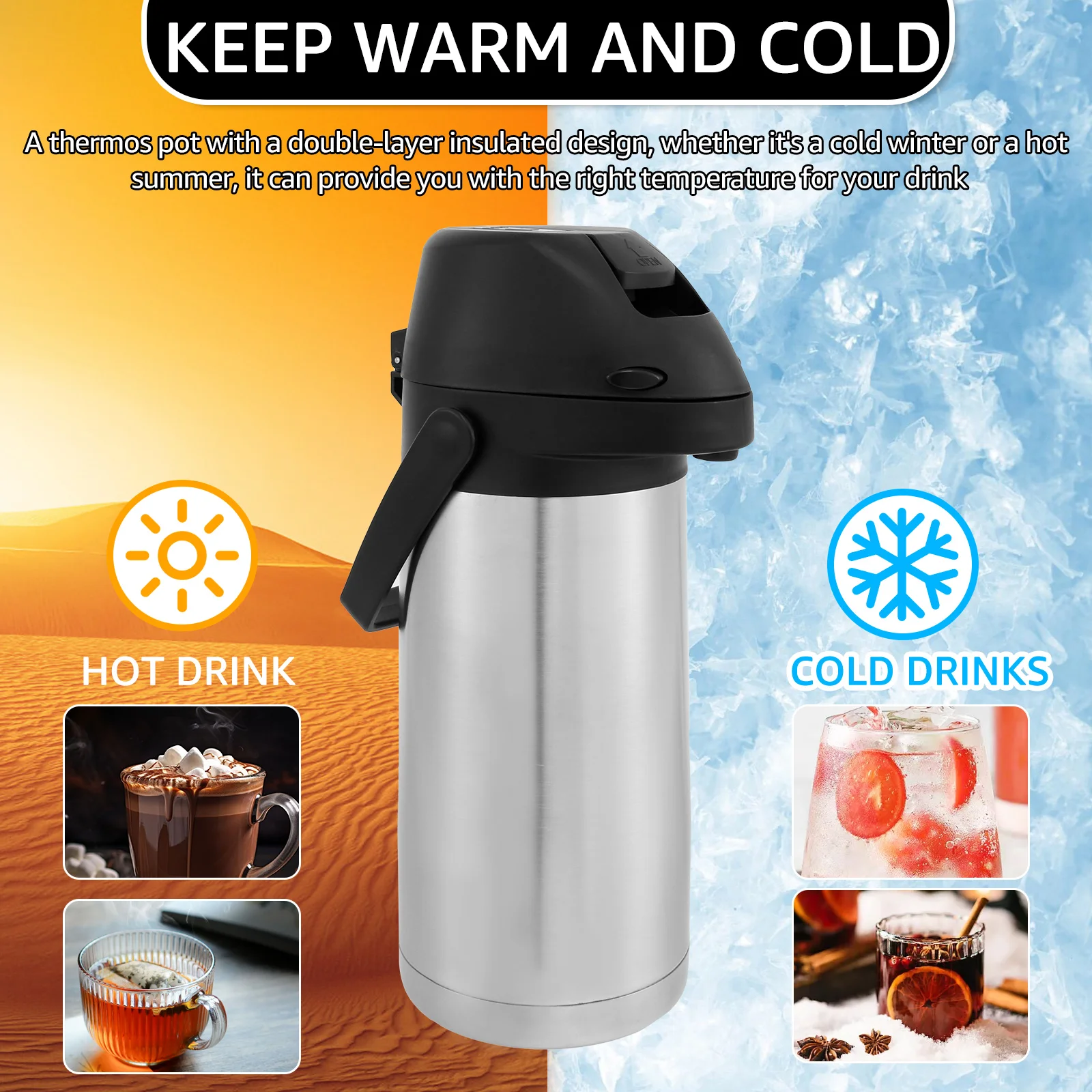 64oz/1.9L Coffee Carafe Push Type Thermos Kettle Stainless Steel Hot Coffee Pot Leak-proof Thermal Water Bottles for Home Travel