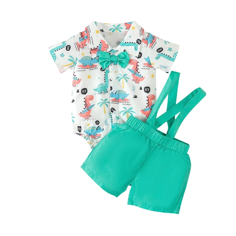 

Baby Boys 2Pcs Gentleman Outfits Short Sleeve Dinosaur Print Romper Suspender Shorts Set Toddler Clothes