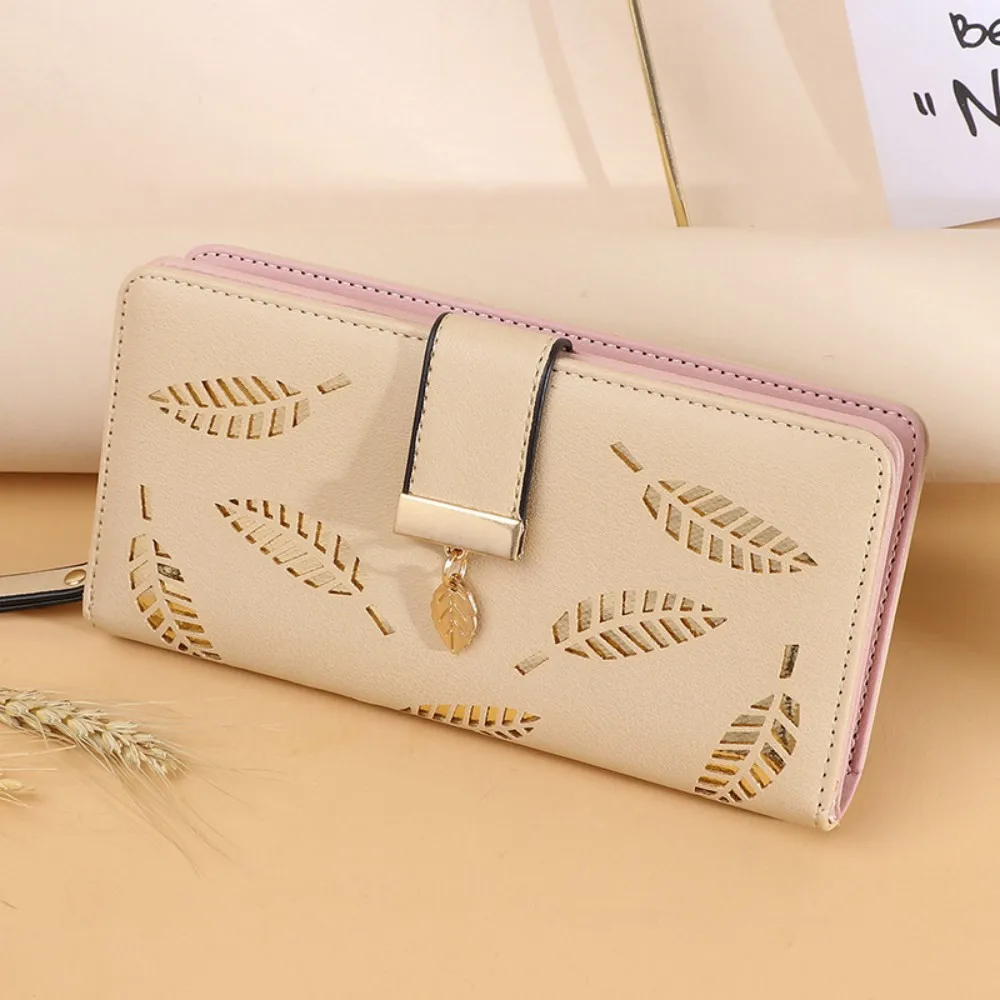 Luxury Pu Leather Women Wallets Long Hasp Fold-Over Pattern Coin Purses Hollow Leaf Zipper Buckle Solid Colors New Thin Clutch