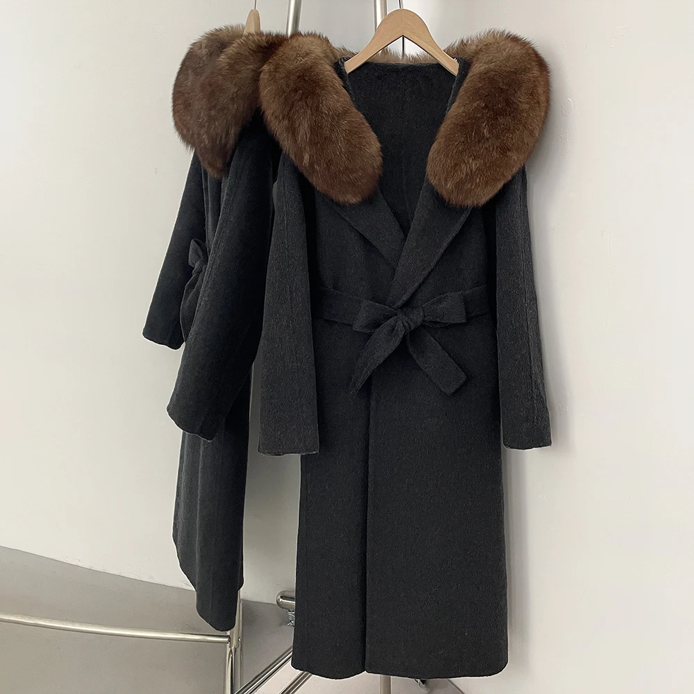 GENHUA Long Sleeves Real Fox Fur Woolen Jacket 2025 Natural Fur