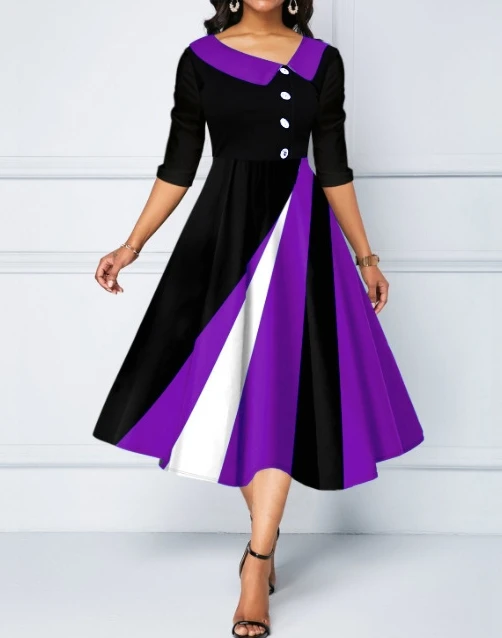 

Women's Dress 2023 Fashionable Patchwork Print Doll Collar Large Swing Dress Half Sleeved Dress Casual Loose Waist Long Dress