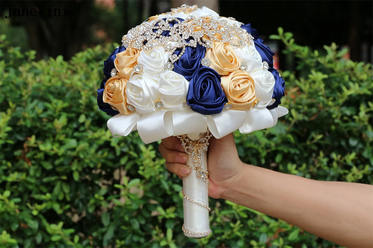 JaneVini Artificial Navy Blue Wedding Bouquets Ribbon Roses Luxury Gold Rhinestones Bridal Flower Bouquet for Wedding Decoration