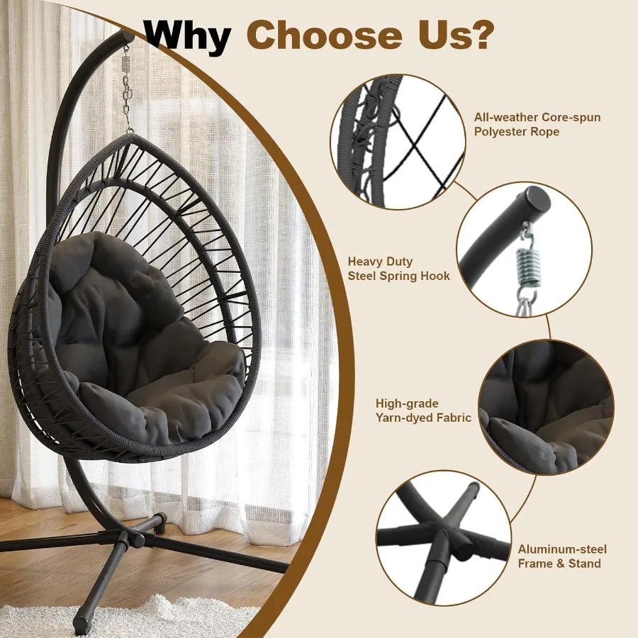 Hanging Egg Chair with Heavy Stand Foldable Patio Hammock Egg Swing Chair Made by AllWeather CoreSpun Polyester Rope with Soft