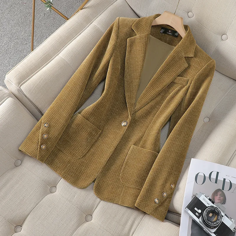 Spring Autumn Women Fashion Slim Gold velvet Long-sleeved Suit Jacket Commuting Business Casual Blazer coat