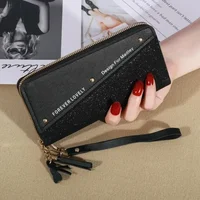 Glitter Shining Wallet New Long Women's Zipper Wallet - Korean Splicing, Color Contrast, Tassel, and Rivet Details