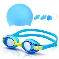 Kids Swim Goggles and Silicone Swim Cap set with Nose Clip Earplugs,Waterproof No Leaking Anti Fog UV Protection for Boys Girls 1