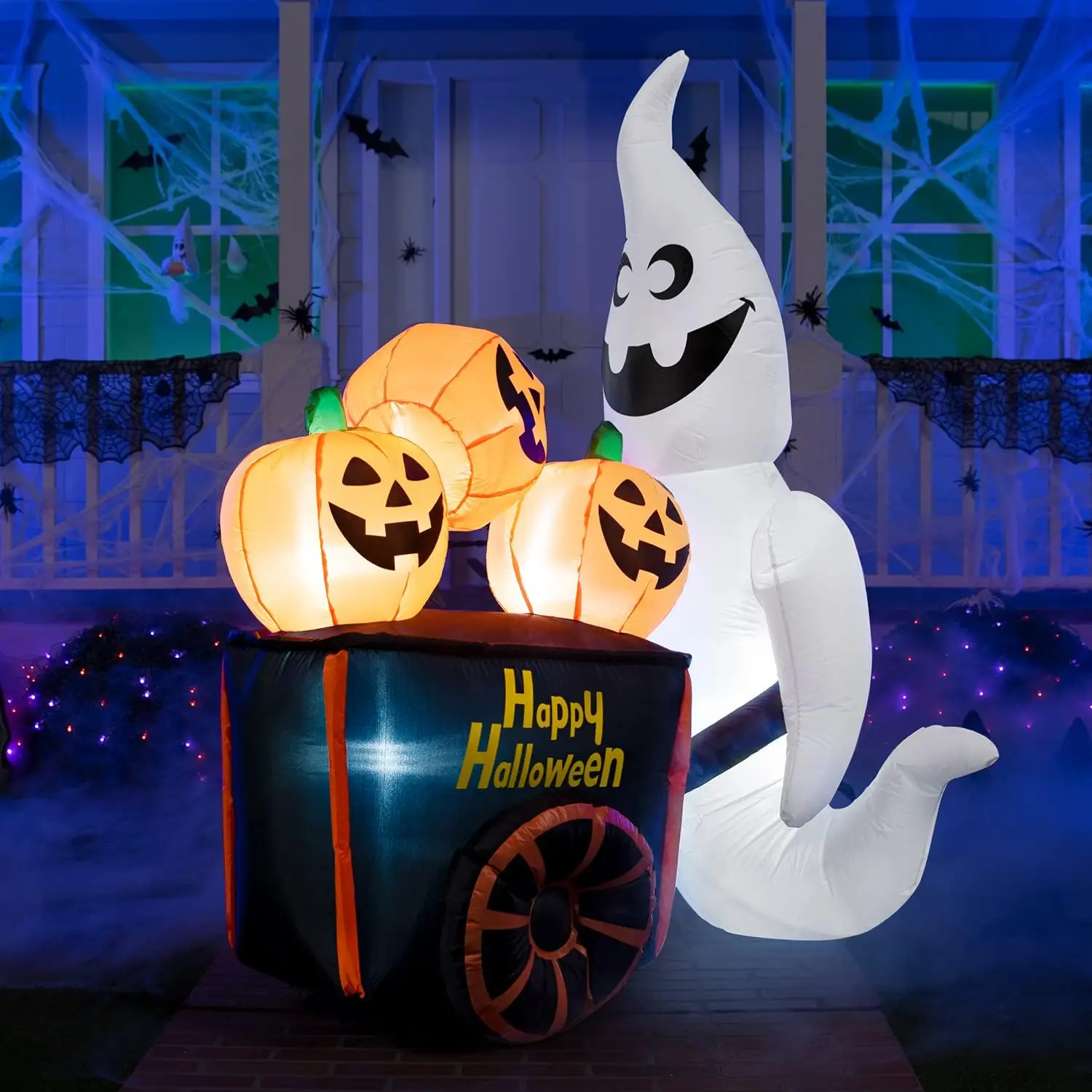 6 FT Halloween Inflatable Ghost Pushing Pumpkin Cart with Build-in LEDs Blow Up Inflatables for Halloween Party Yard Outdoor Toy 3