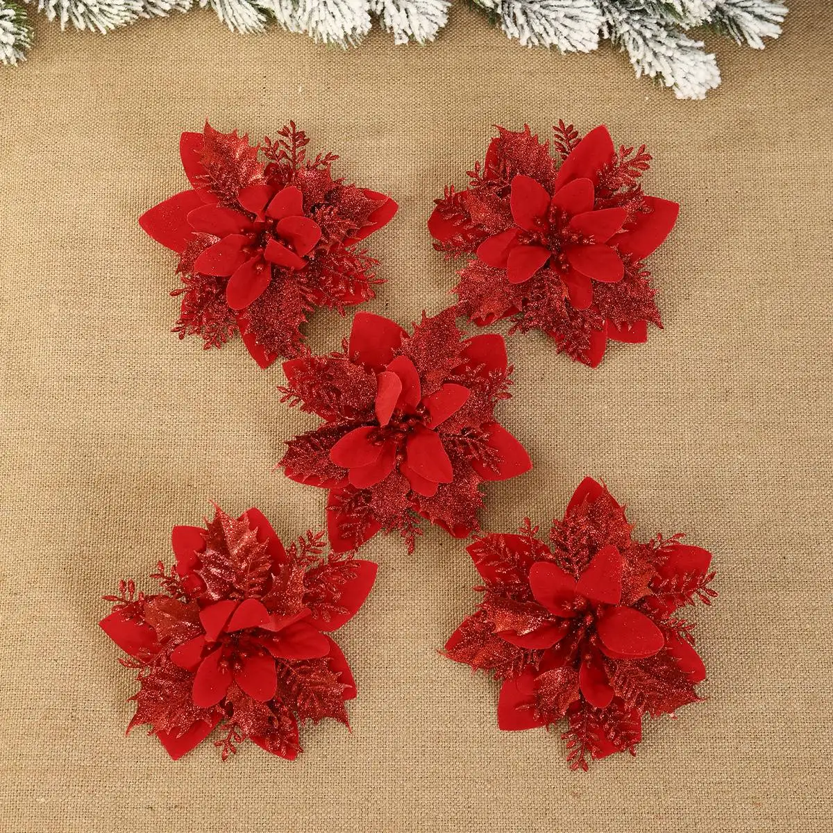 10pcs Christmas Glitter Flowers Fake Flower Christmas Tree Decorations for Home 2025 Tree Pendant Ornaments Navidad
