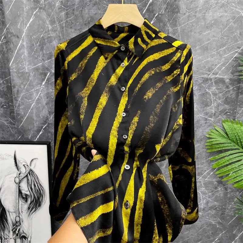 

Satin Leopard Print Long Sleeve Shirt with Irregular Stripes Women Camisas De Mujer