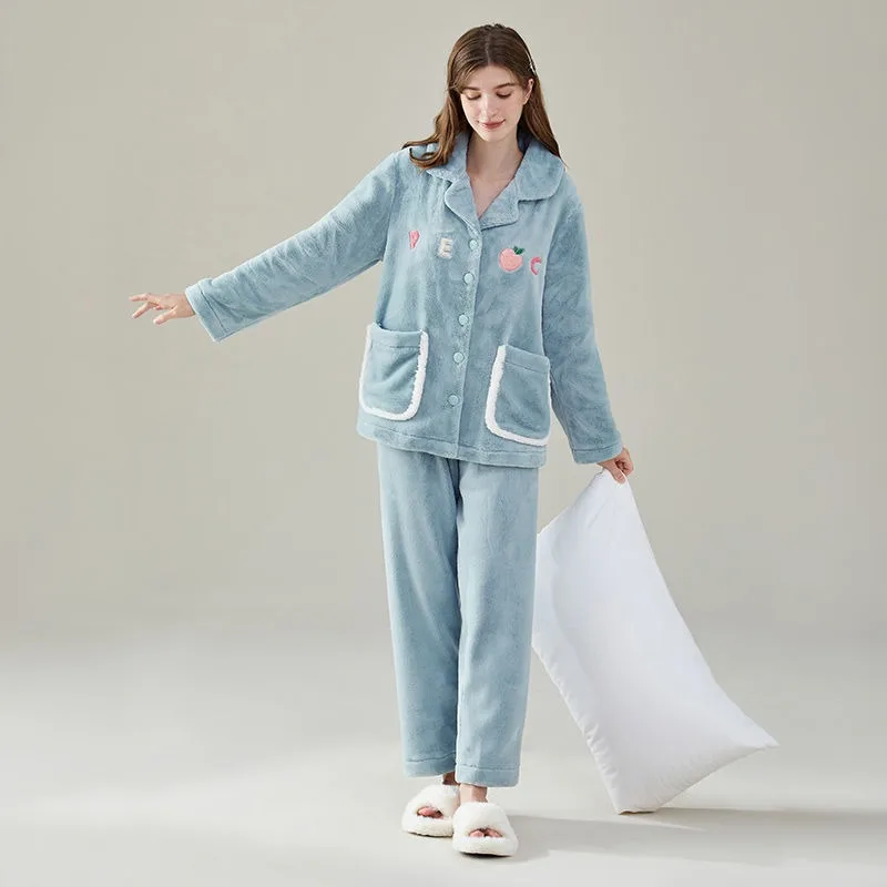 2024 New Pajama Women Winter Nightwear Coral Velvet Loungewear Plus Velvet Warm Sleepwear Autumn Flannel  V-neck Homewear Suit