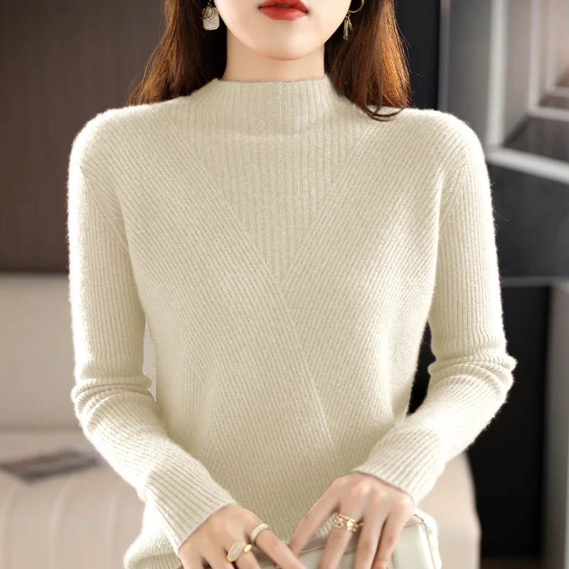 Cashmere Sweater Women Pure Color Half high collar Casual Long-sleeved Loose Pullover Cashmere Sweater Women\'s