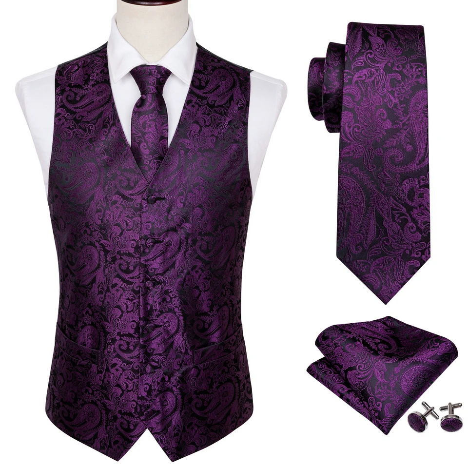 Dress Vests Designer Vest for Men Purple Embroidered Silk Waistcoat Tie Pocket Square Set Wedding Formal Male Suit Party