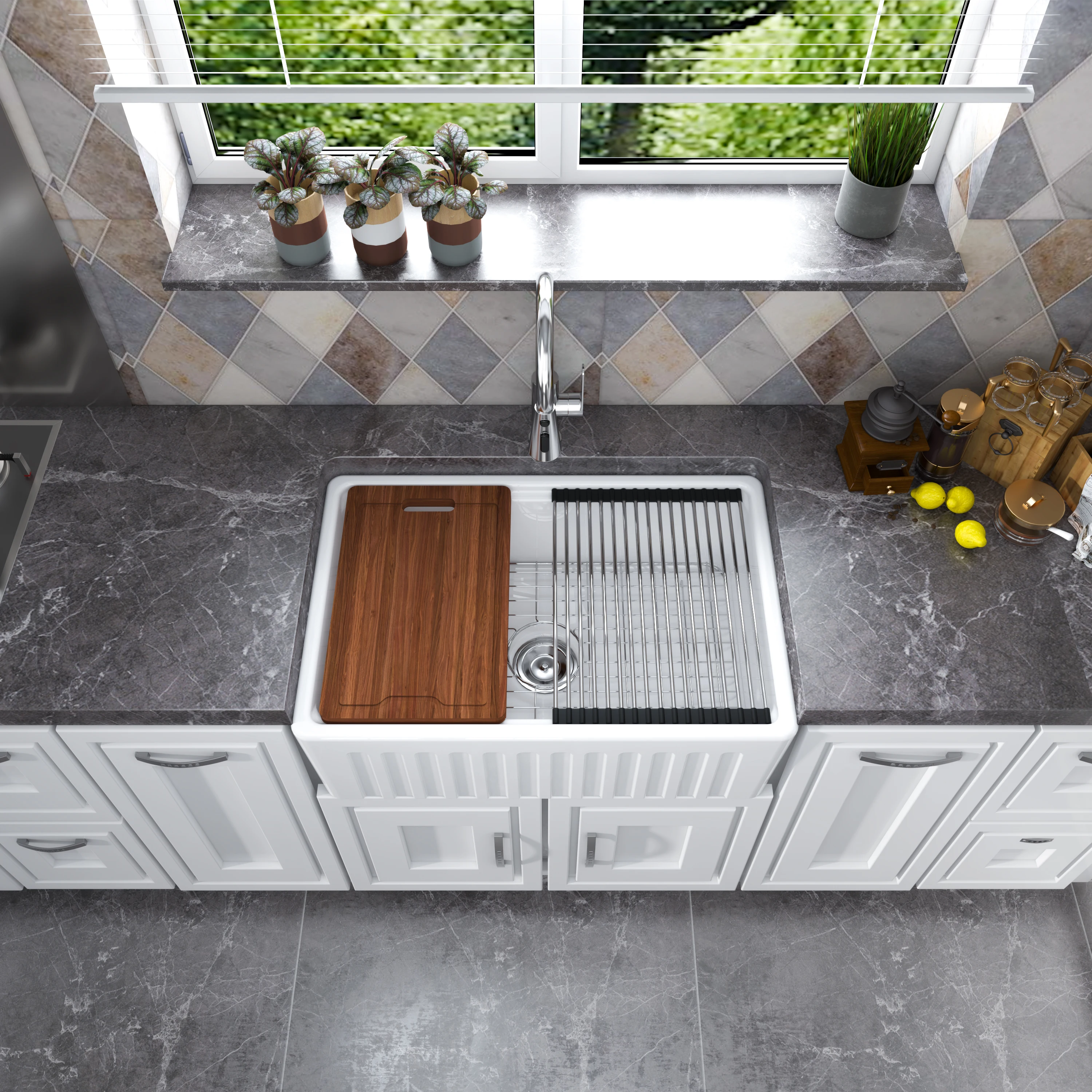 MEJE Single/Doubble Bowl Farmhouse Kitchen Sink ,Ceramic with Cutting Board ,Grid & Strainer-White 76/84 CM