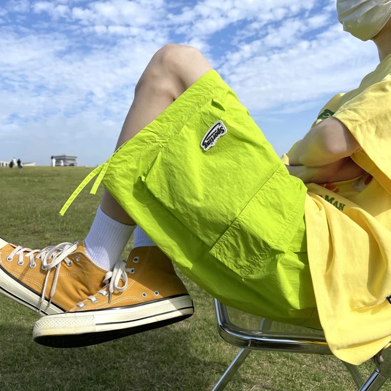 Korean Summer Men's Solid Elastic High Waisted Drawstring Pockets Loose Straight Thin Quick Drying Beach Casual Wide Leg Pants