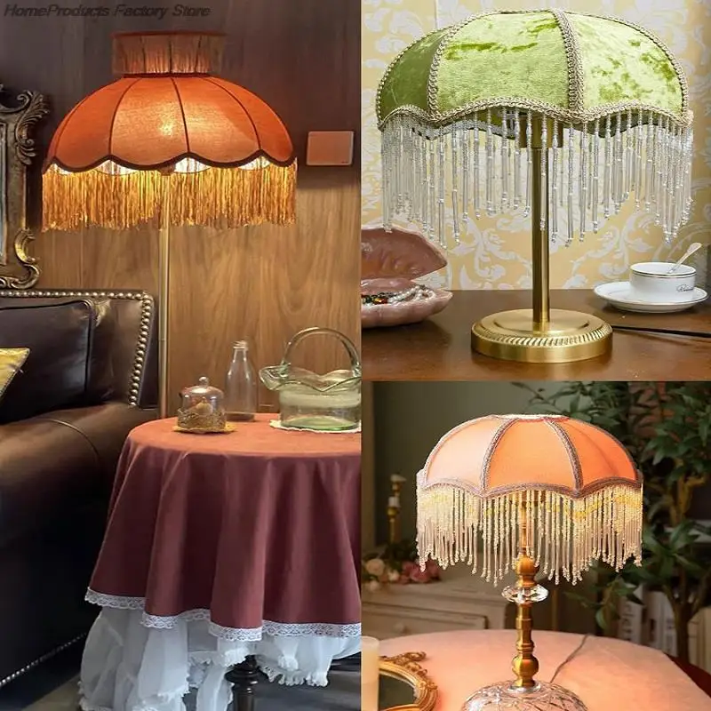 Retro Pink Green Velvet Lampshade European Luxury Beads Tassel Lamp Shade Table Floor Lamps Home Boutique Art Decor Lamp Cover for samsung galaxy tab s2 9 7 lychee litchi grain leather rotary stand cover pink