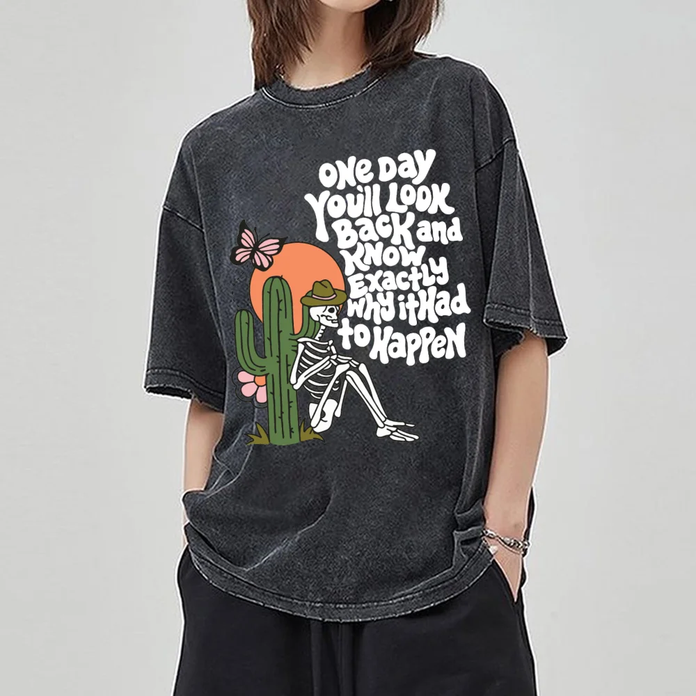 Casual Couple T-shirt Humor Skull Print Made Old Imitation Denim Round Neck Short Sleeve 2024 Summer Hot Selling Top