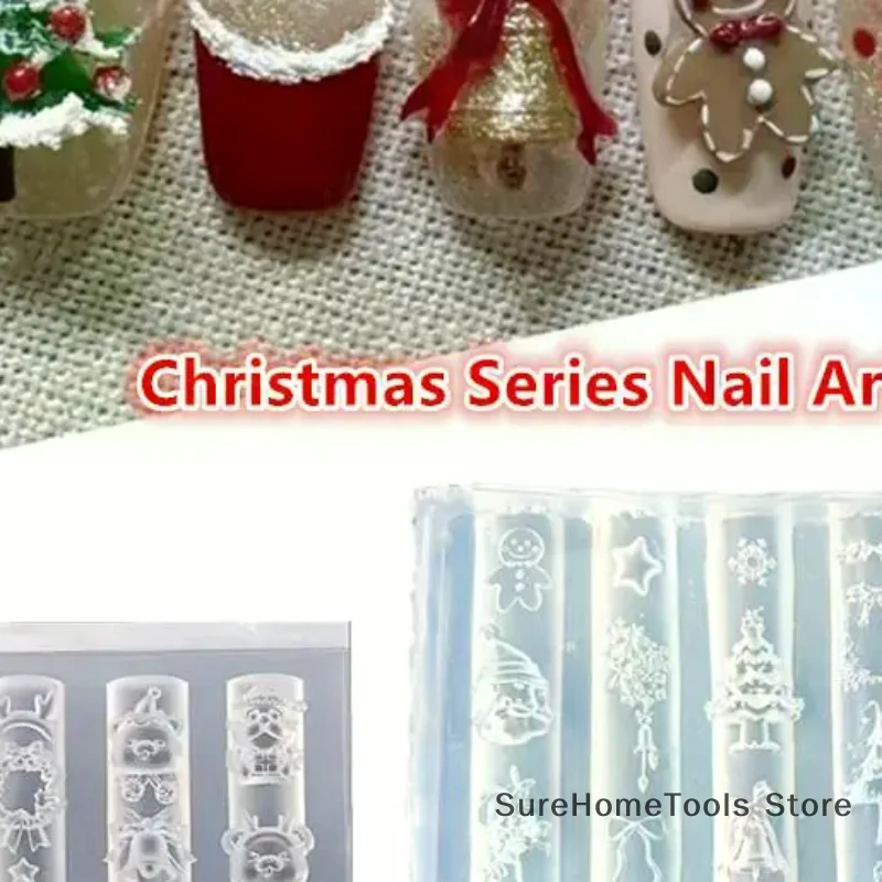 Christmas 3D Silicone Nail Molds - Snowman Tree Elk Gingerbread Man, DIY Manicure Decorations for Salon Home Nail Art Design