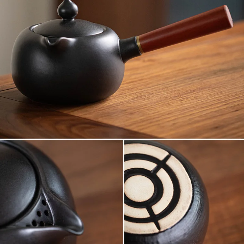 520ML Antique Pauline Lotus Ceramic Teapot Chinese Solid Wood Side Handle Pot Boiling Water Kettle For Stove Kung Fu Tea Set