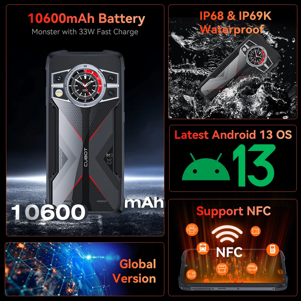 Cubot KingKong 9 Smartphone Rugged Phone 6.583" FHD+ Helio G99 Android 13 24GB RAM+256GB ROM 10600mAh Battery 100MP NFC