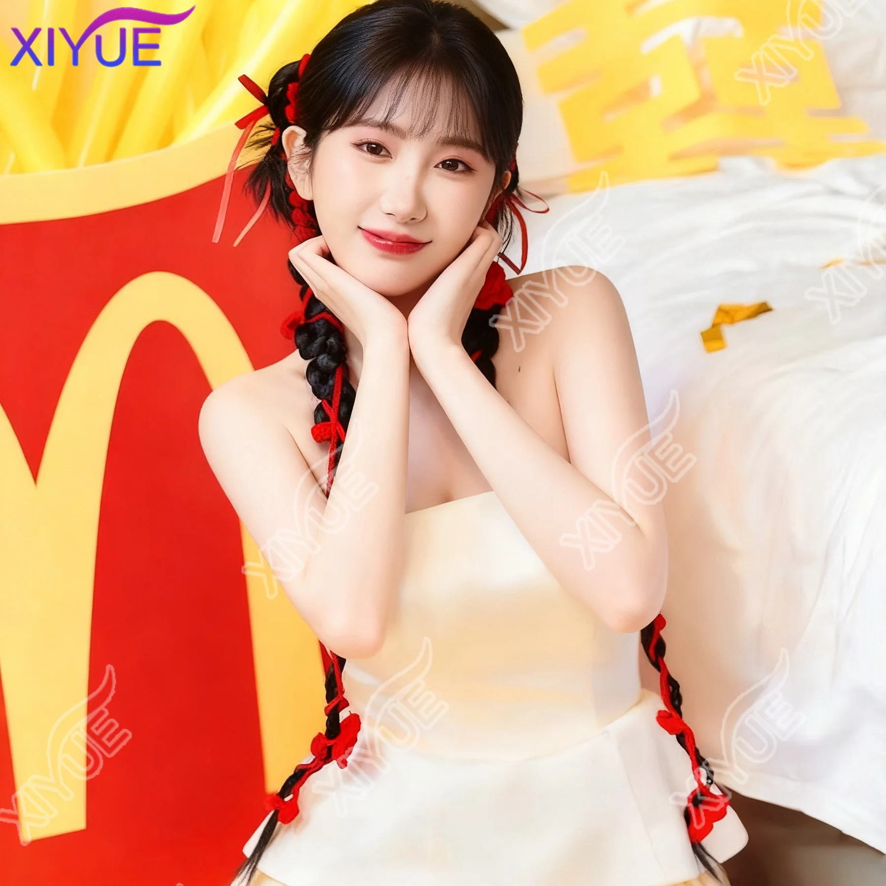 XIYUE Hanfu wig Xiuhe bride red wool flower hair new Chinese twist braid ribbon Fried Dough Twists double ponytail wig