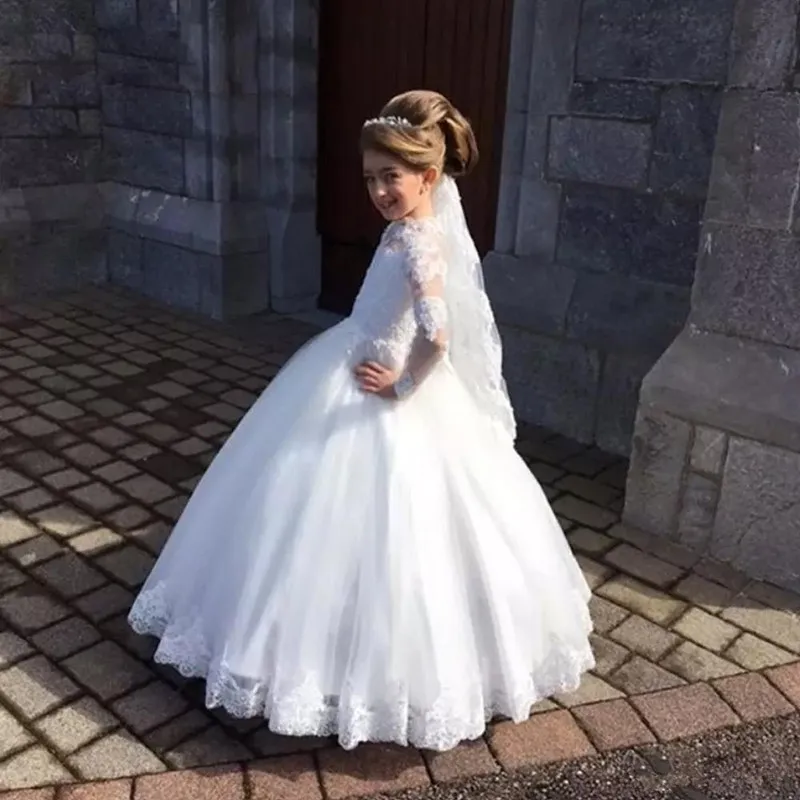 

White Flower Girls Dress for Wedding Party High Neck Baptism Gowns Tulle Full Sleeve Appliques Kid Holy Communion Gown