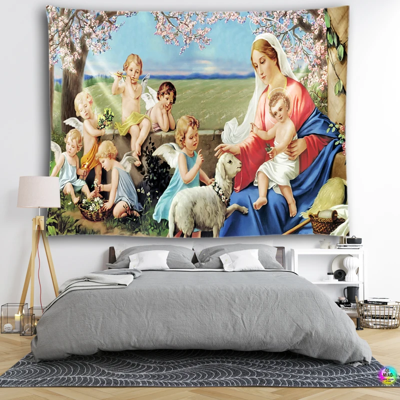 Mutter von Gott Mary Tapisserie Jesus Wand Decor Medieval Dekoration Hängen Raum Für Schlafzimmer Vintage Macrame Engel Wandbild Ästhetische – Detail 7