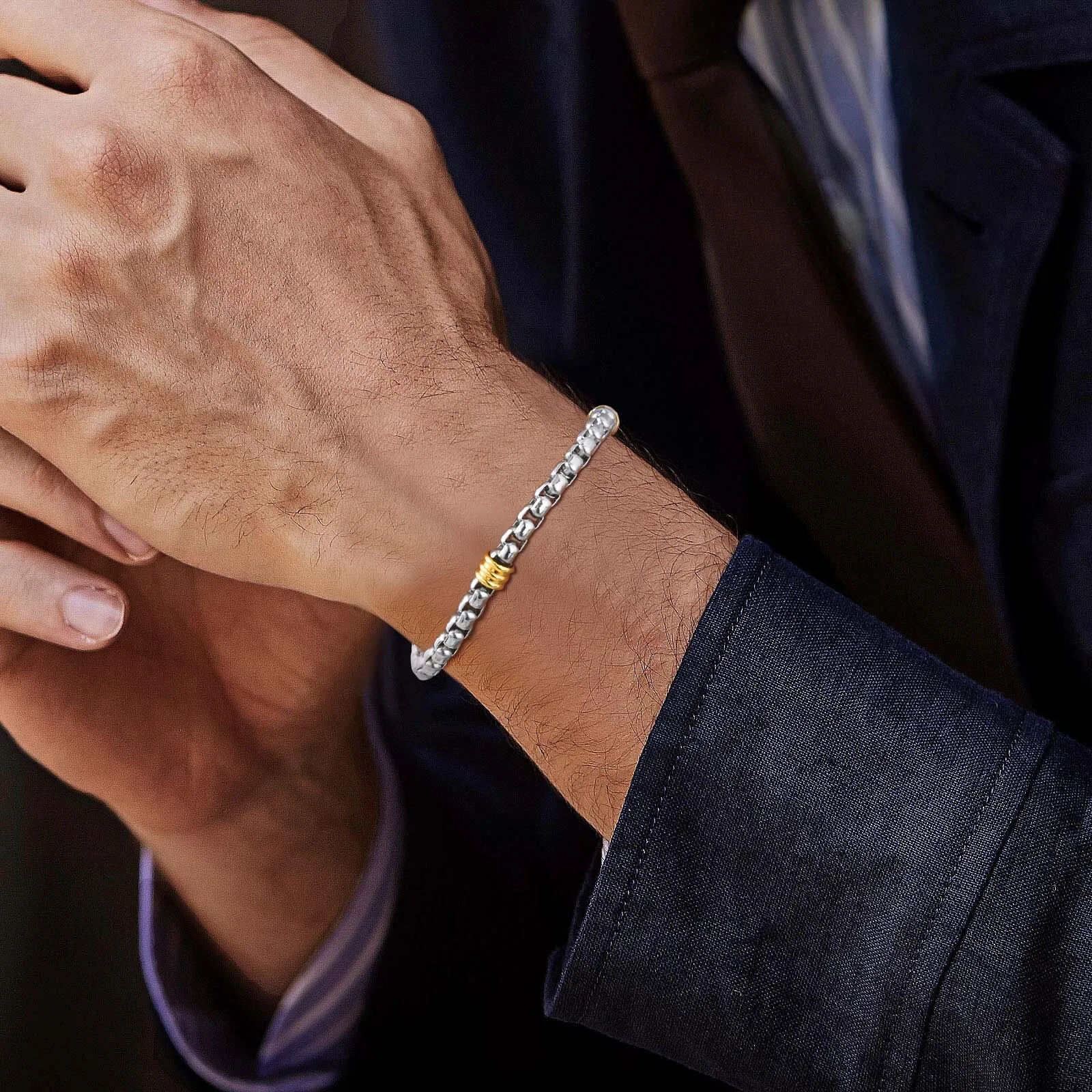 Klassische Edelstahl-Armbänder für Männer und Jungen, silberfarbenes Gliederarmband mit goldfarbenen Perlen, stilvolle coole Schmuckgeschenke – Detail 3