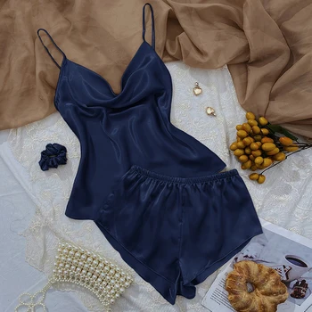 2025 2 قطعة العلامة التجارية الصيف الجديدة ملابس نوم نسائية امرأة رقيقة الحمالات المرأة منامة ملابس خاصة بلون الجليد الحرير بيجامة مجموعات 5
