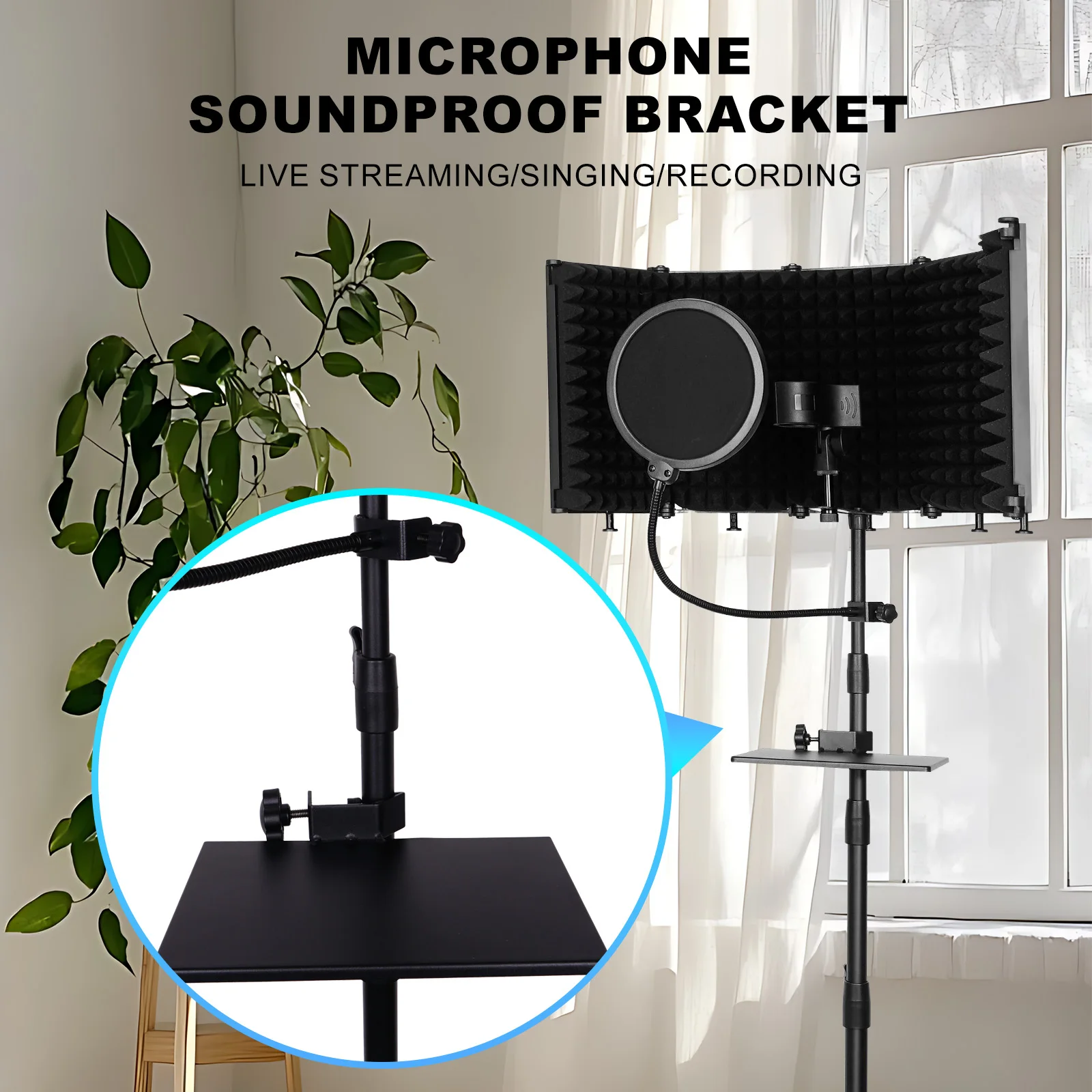 스튜디오 마이크 차음 부스 (높이 조절 가능 삼각대 스탠드, 고밀도 폼 팝 필터, 접이식 윈드스크린 포함)