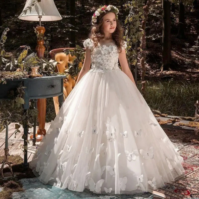 

Butterfly Formal Girl Dress Flower Girl Dresses Applique First Communion Party Prom Princess Gown Bridesmaid Wedding With Train