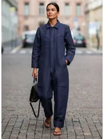Gymdolphin Women's Navy Blue Coveralls Lapel Collar Long Sleeves Zippered Loose Jumpsuit 2025 Autumn Casual Streetwear Outfits - Image 2