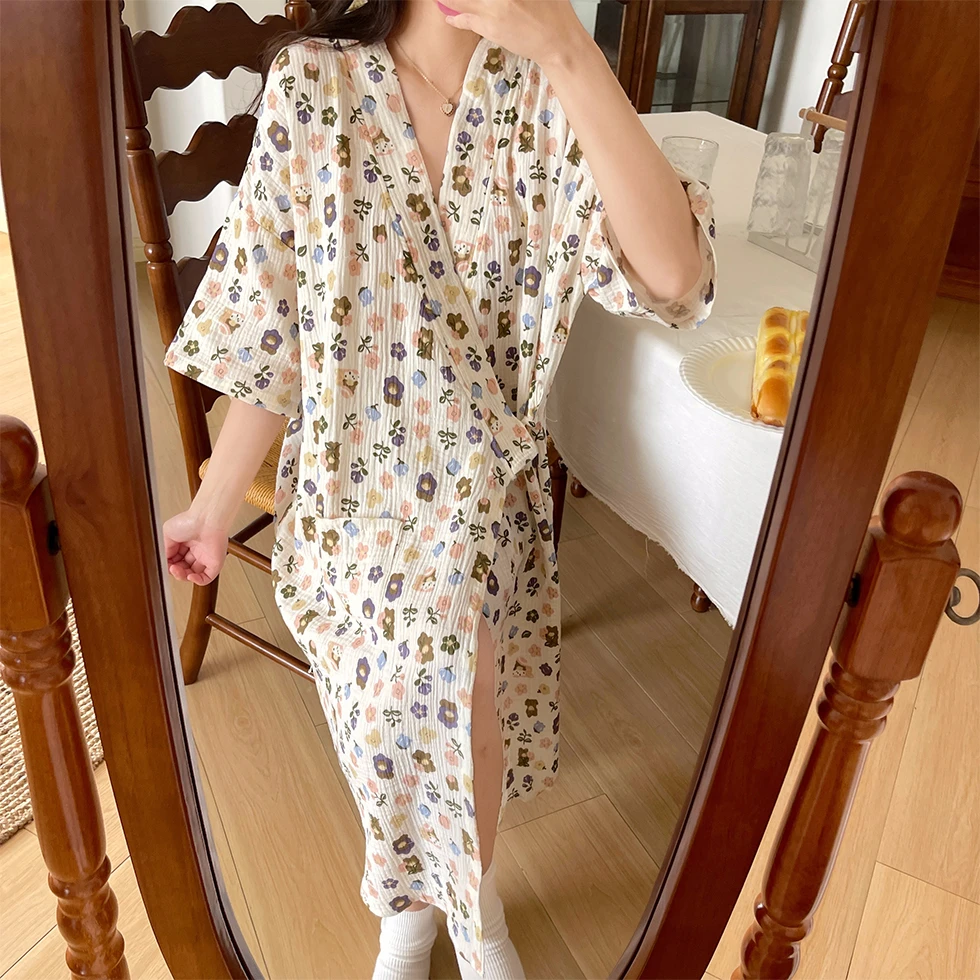 Summer Pure Cotton Gauze Nightdress Women Lace Floral Printed Nightgown Japanese Cotton Kimono Thin Bathrobe Pajamas Nightwear