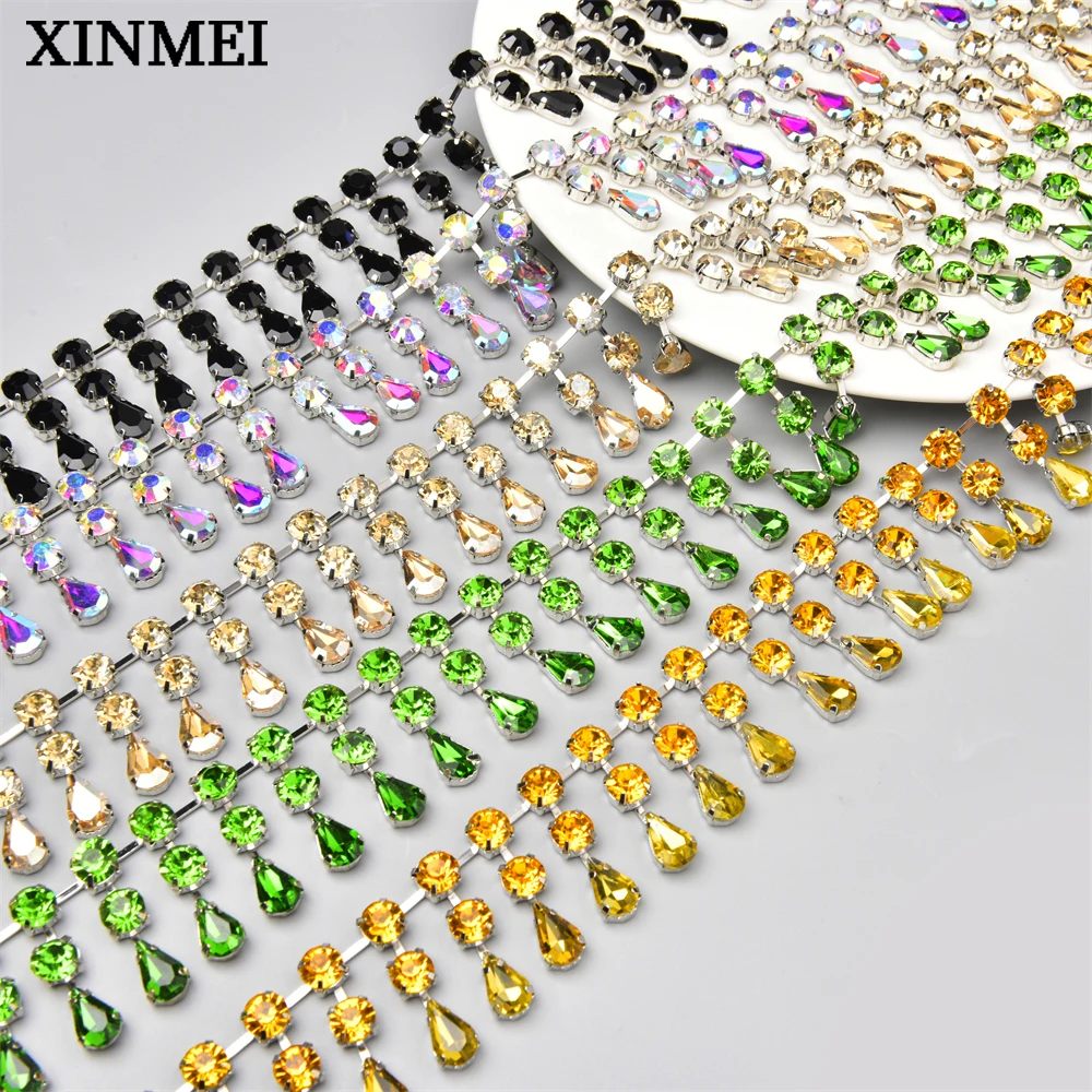 Fashion 2 Rows Round Water Drop Pendant Tassel Diamante Trims Rhinestone Crystal Chain Diy Necklace Clothing Shoes Accessories